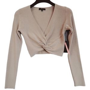 Women's Crop Sweater Knit Taupe Knot Front V Neck Long Sleeve New
